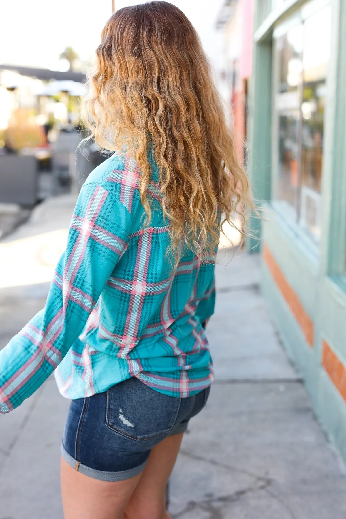 Explore More Collection - Teal & Pink Plaid Front Pocket Button Down Shacket