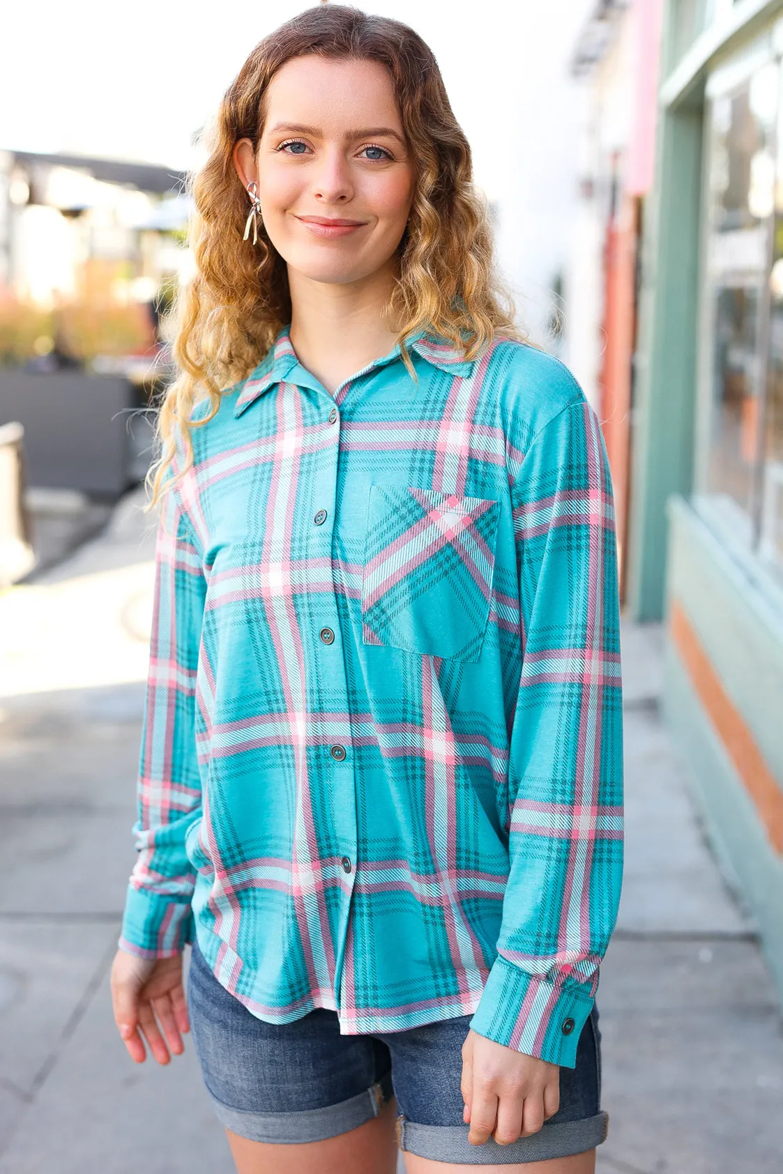 Explore More Collection - Teal & Pink Plaid Front Pocket Button Down Shacket