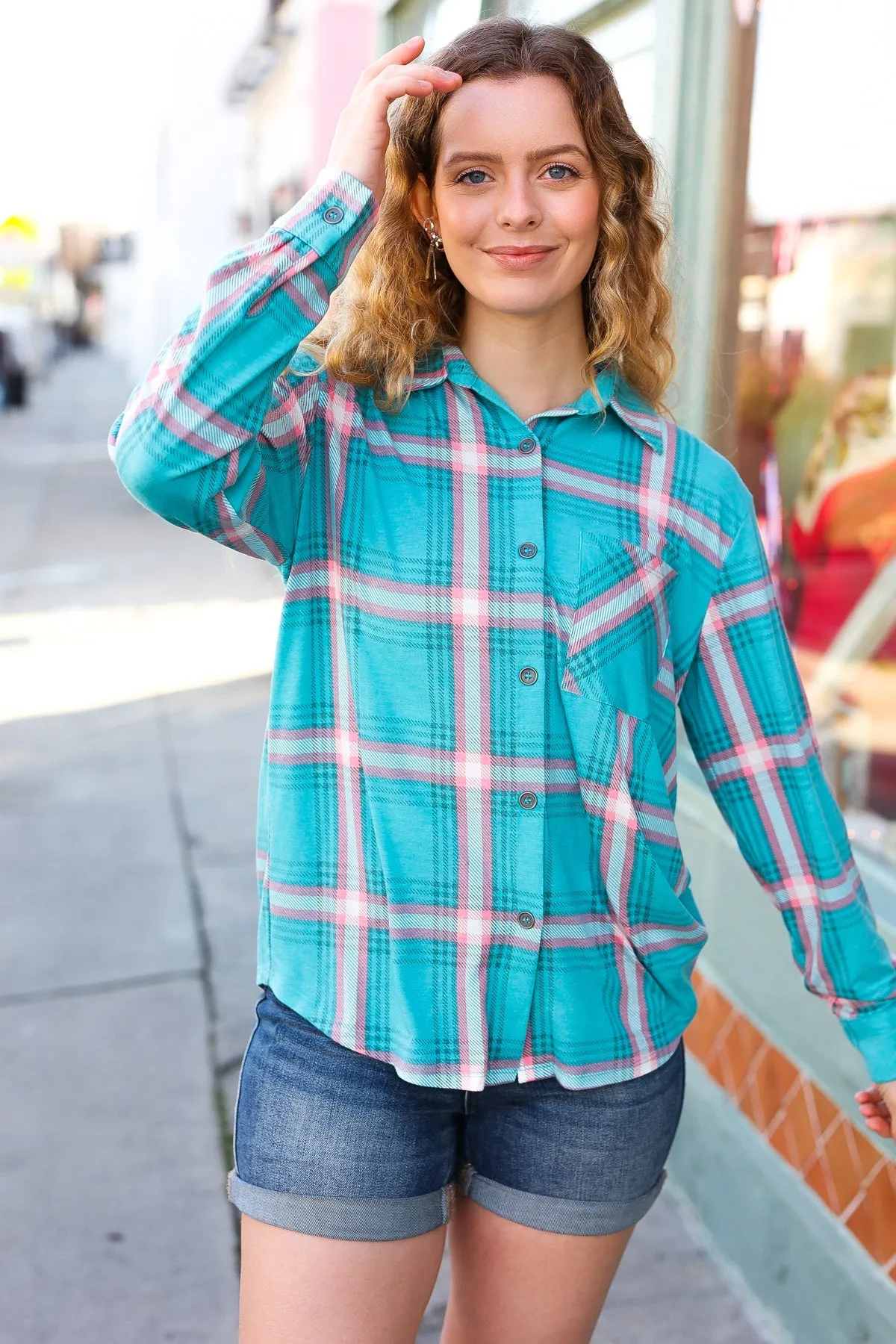 Explore More Collection - Teal & Pink Plaid Front Pocket Button Down Shacket