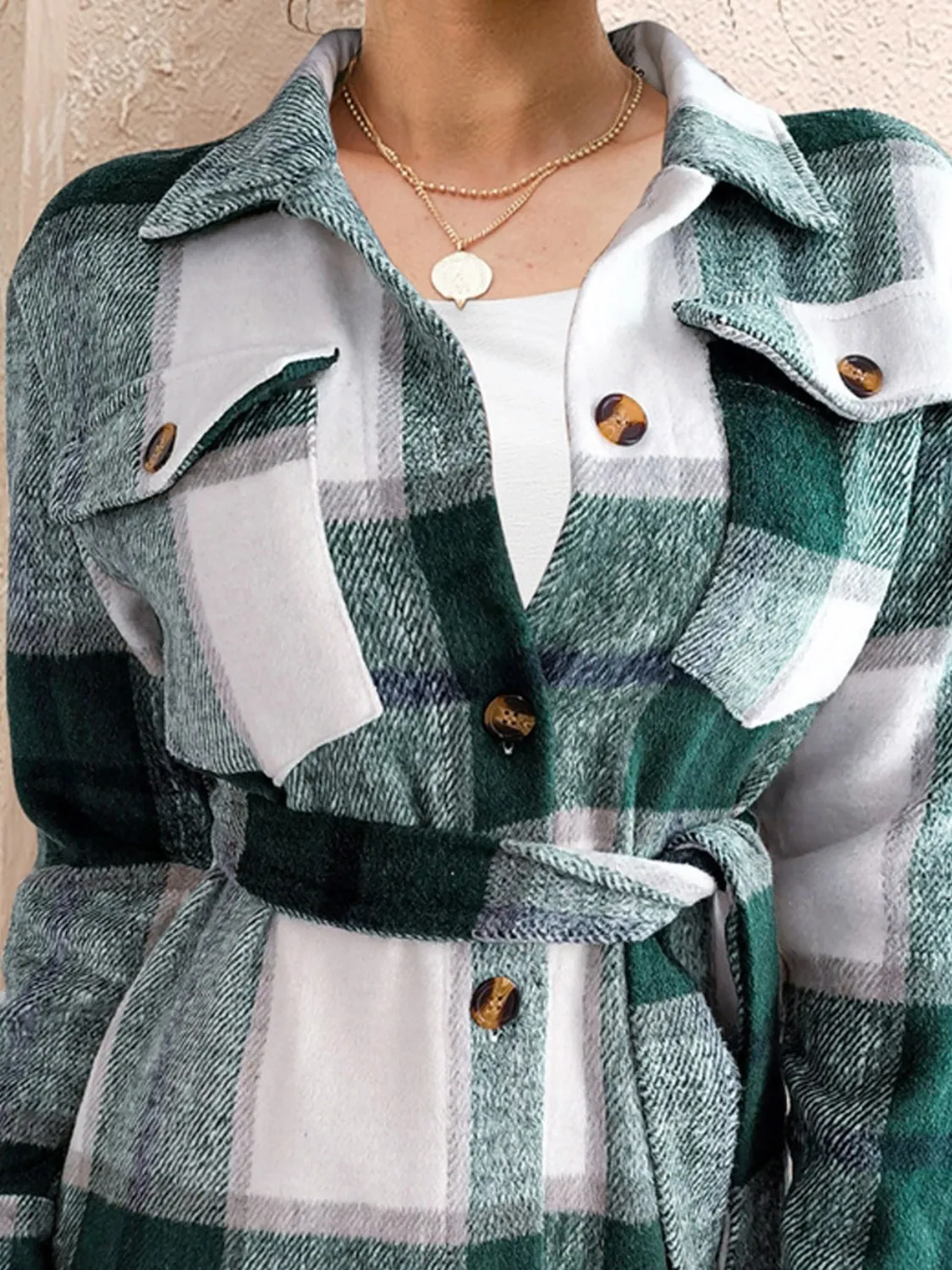 Explore More Collection - Tied Plaid Button Up Shacket