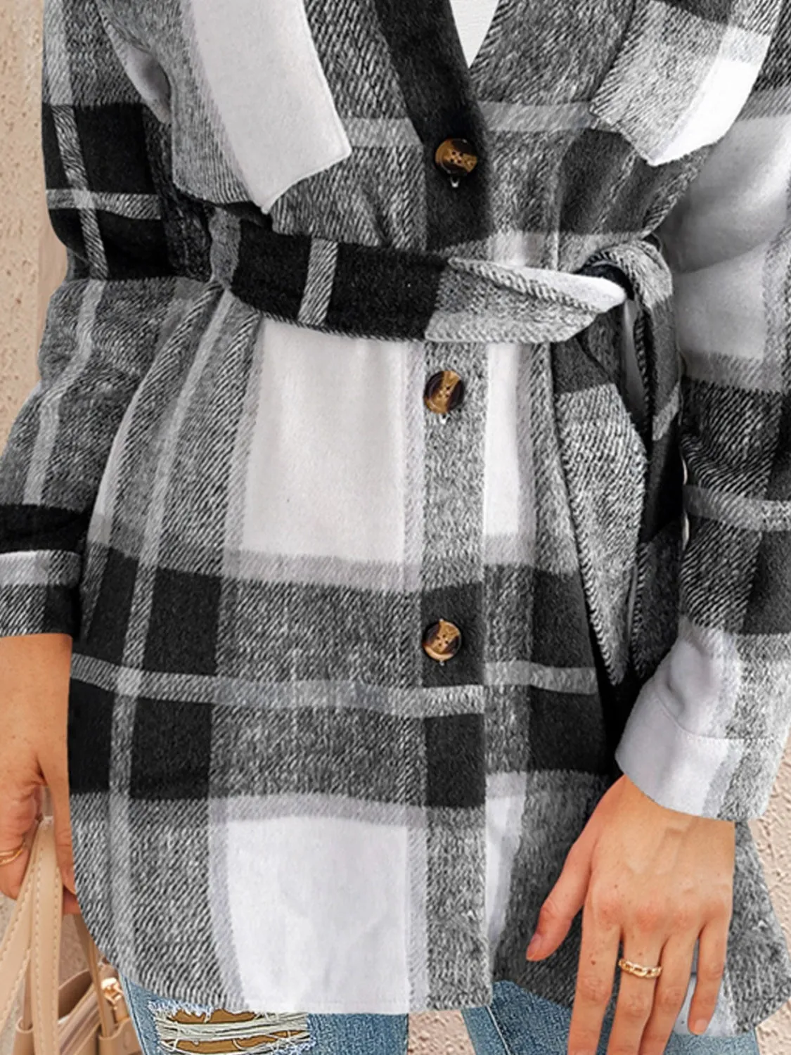 Explore More Collection - Tied Plaid Button Up Shacket