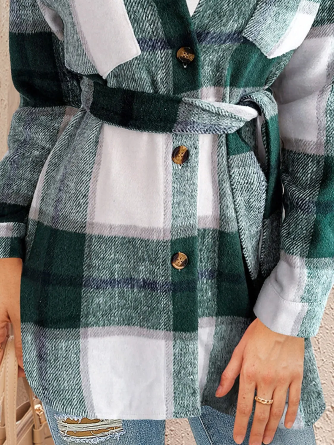 Explore More Collection - Tied Plaid Button Up Shacket