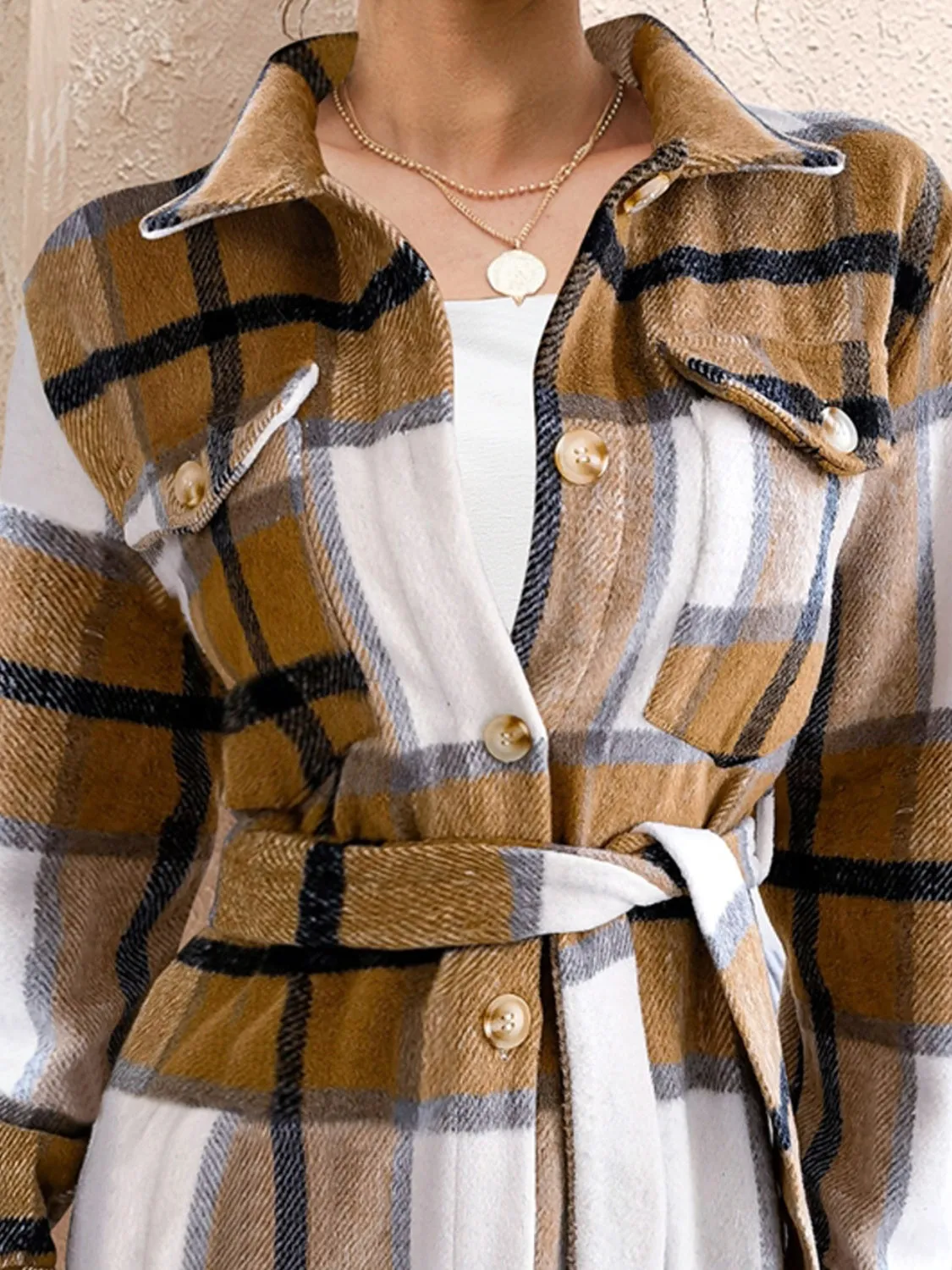 Explore More Collection - Tied Plaid Button Up Shacket