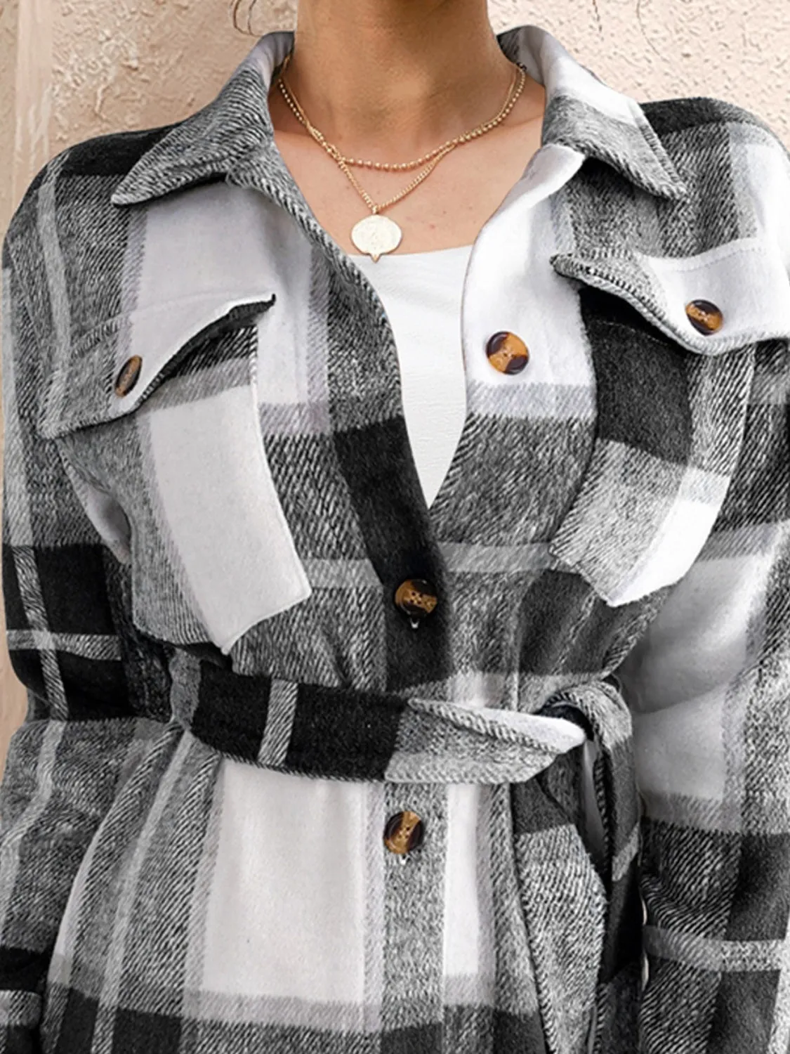 Explore More Collection - Tied Plaid Button Up Shacket