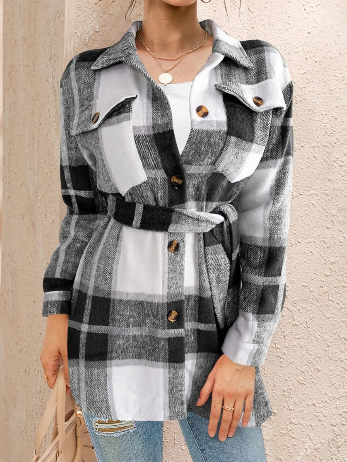 Explore More Collection - Tied Plaid Button Up Shacket