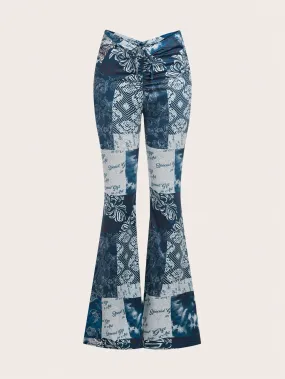 Floral & Letter Print Low-Rise Flared Pants SS24