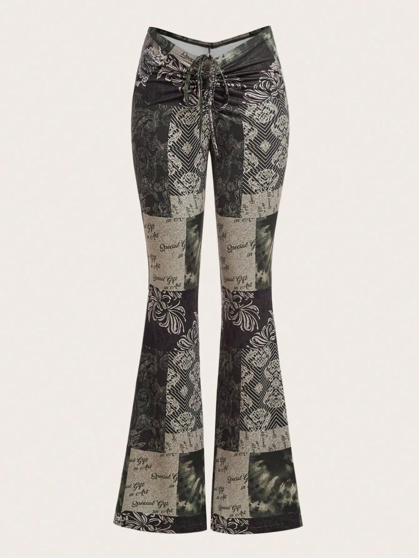 Floral & Letter Print Low-Rise Flared Pants SS24