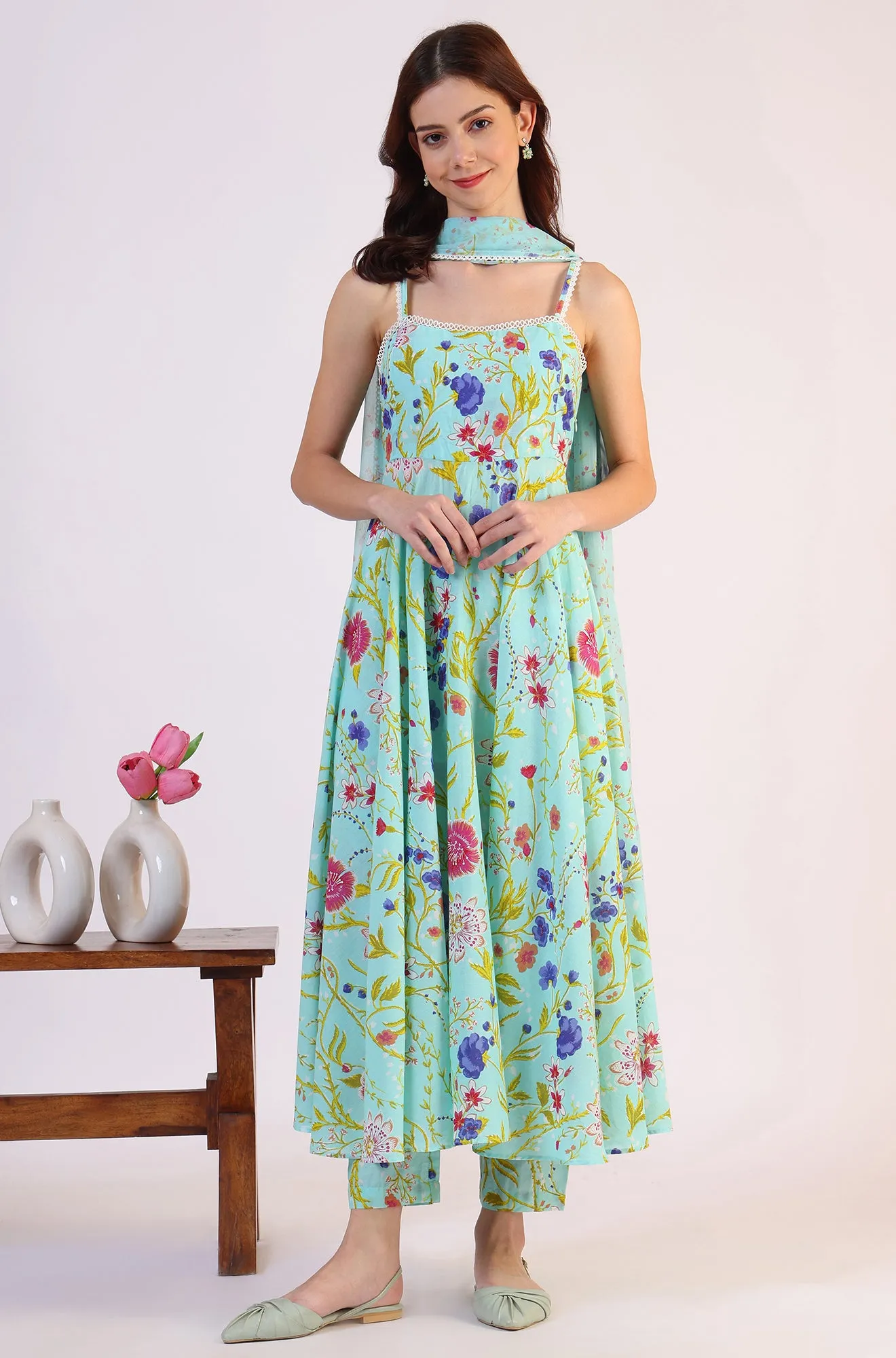 Floral Printed Lace Flared Pure Cotton Kurta & Straight Pant with Dupatta Set