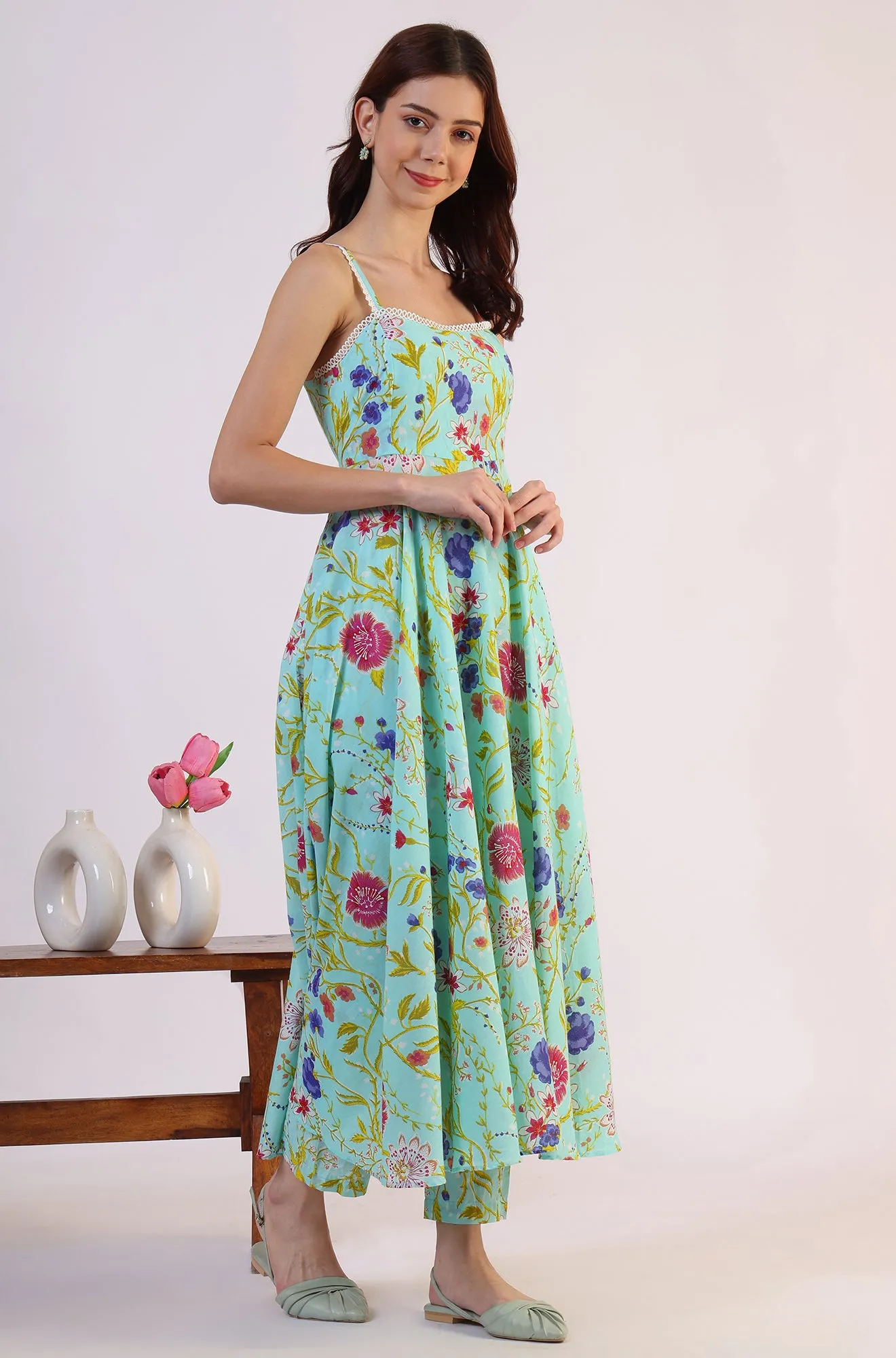 Floral Printed Lace Flared Pure Cotton Kurta & Straight Pant with Dupatta Set