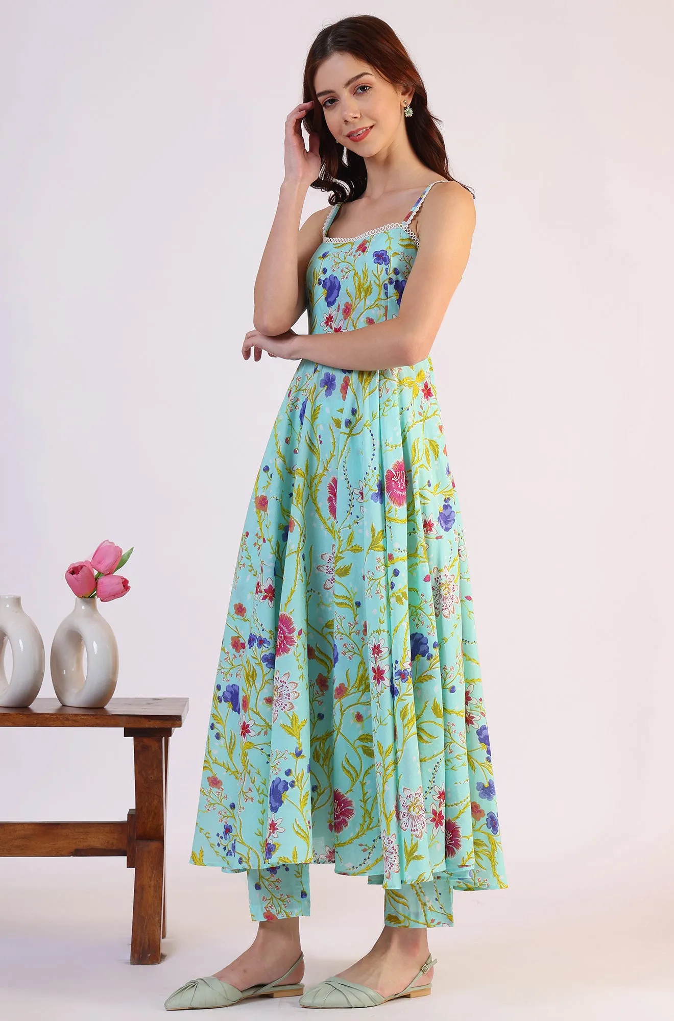 Floral Printed Lace Flared Pure Cotton Kurta & Straight Pant with Dupatta Set