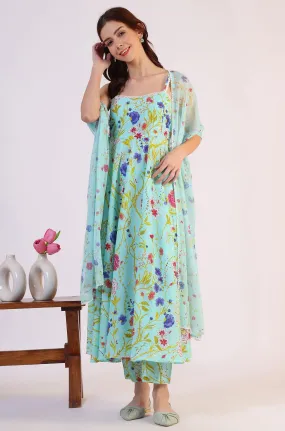 Floral Printed Lace Flared Pure Cotton Kurta & Straight Pant with Dupatta Set