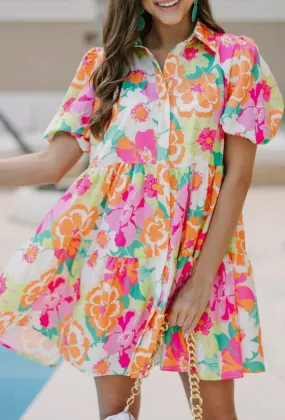Floral Puff Sleeve Collar Buttoned Babydoll Dress