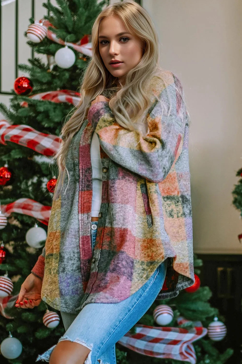 Full Size Button Up Plaid Fleece Shacket with Pockets