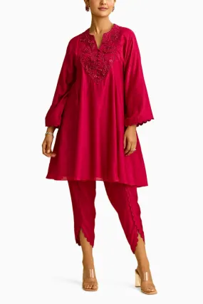 Fuschia Silk Short Kurta with Tulip Pant
