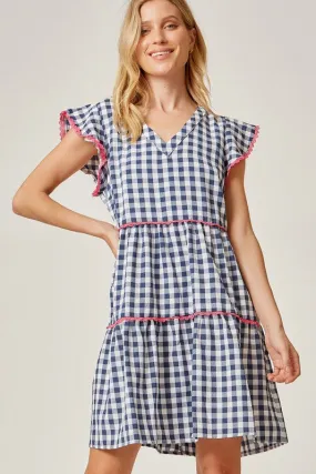 Gingham Lace Detail V Neck Tiered Dress
