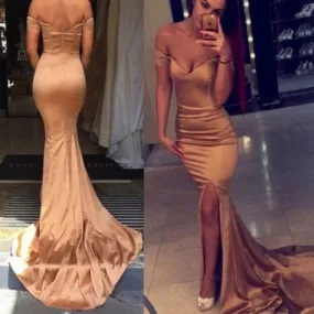 Gold Prom Dress,Mermaid Prom Dress,Off Shoulder Prom Dress,Tight Prom Dress with Slit