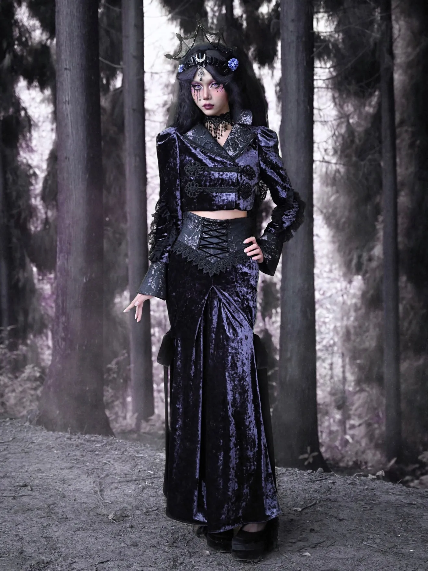 Gothic Velvet Lace-Up Lace Mermaid Long-Skirt