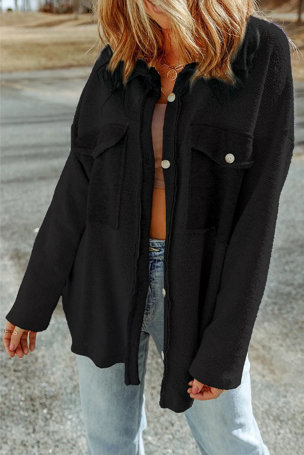 Green Contrast Flap Pockets Relaxed Shacket