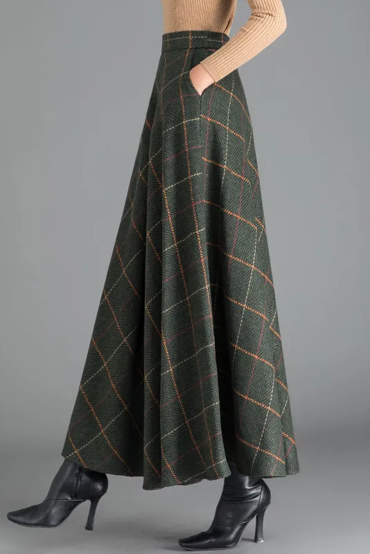 Green Plaid A-Line Wool Skirt 3793