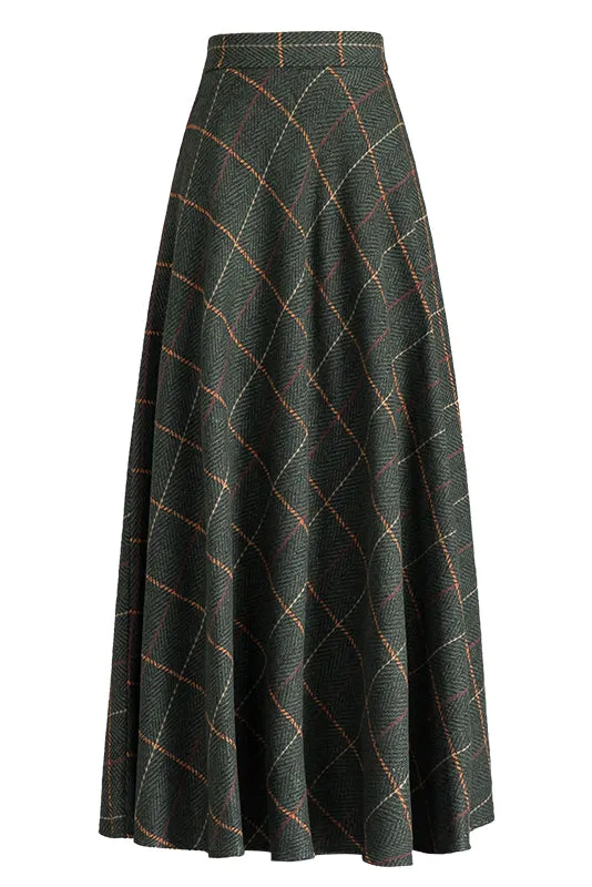 Green Plaid A-Line Wool Skirt 3793