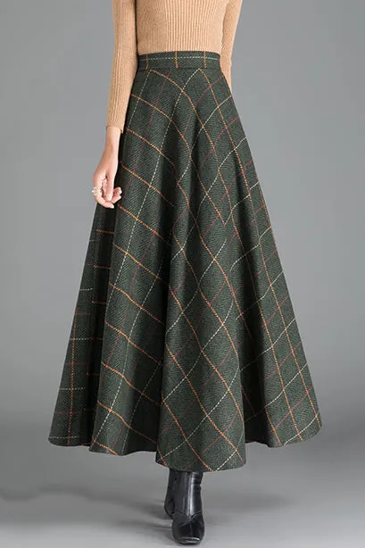 Green Plaid A-Line Wool Skirt 3793