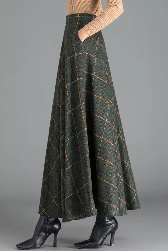 Green Plaid A-Line Wool Skirt 3793