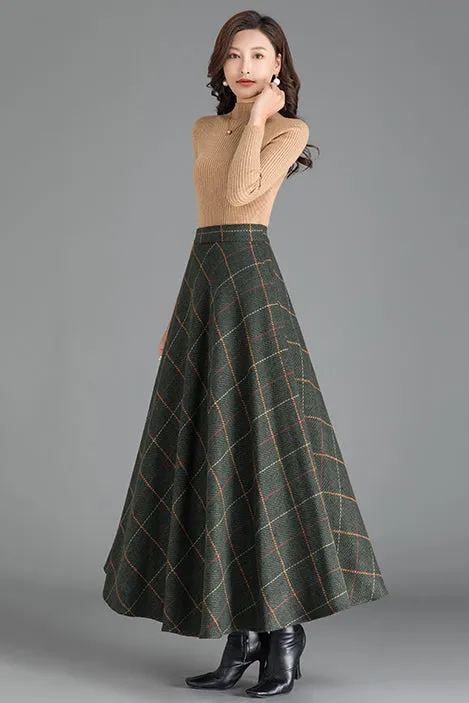 Green Plaid A-Line Wool Skirt 3793