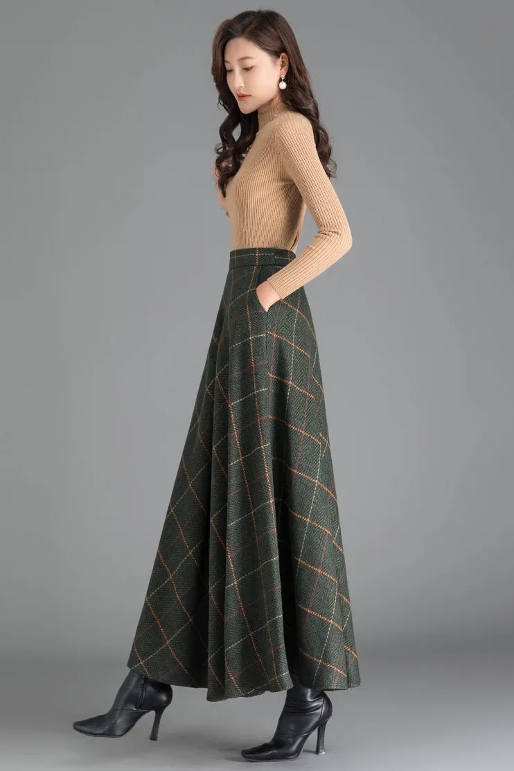 Green Plaid A-Line Wool Skirt 3793