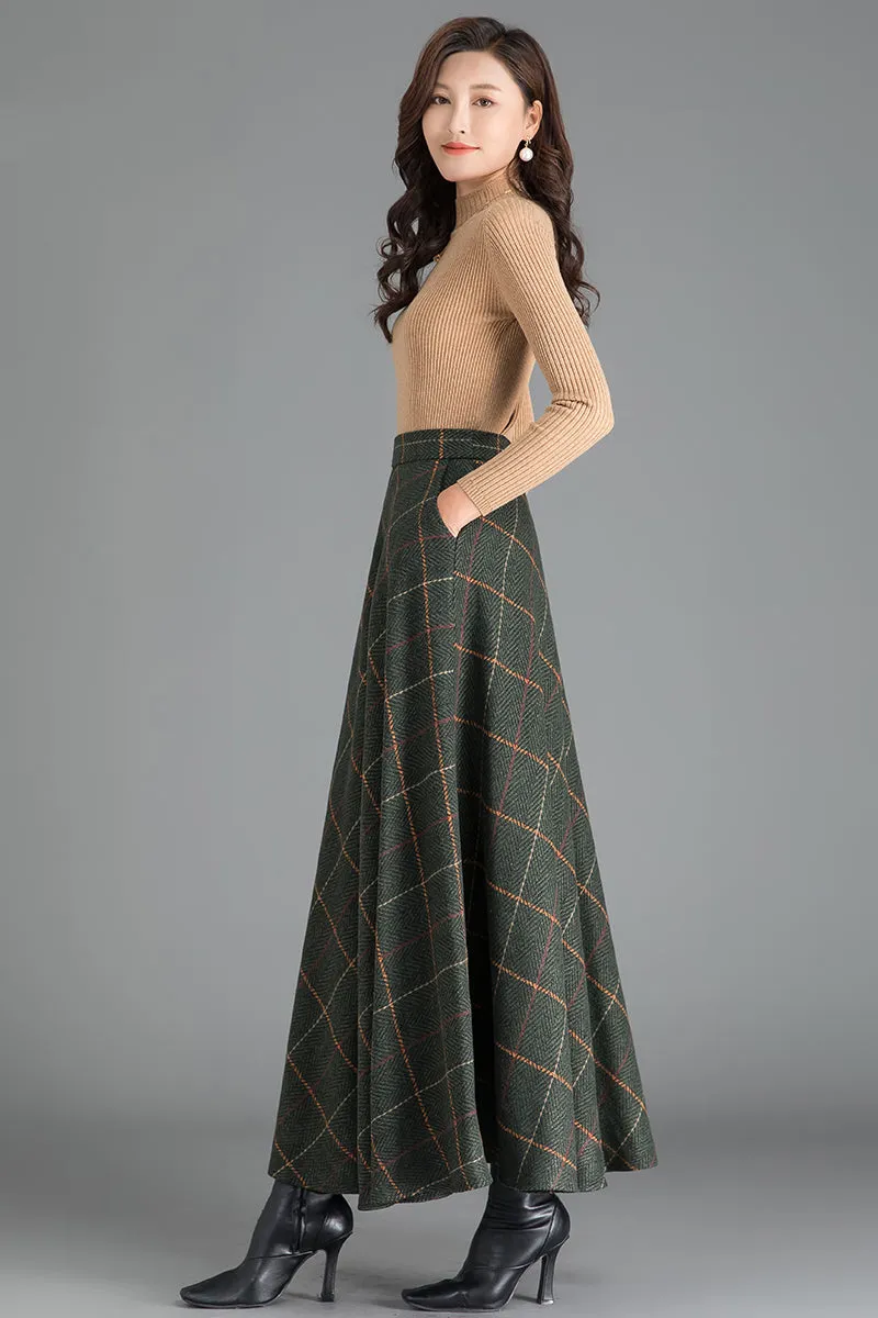 Green Plaid A-Line Wool Skirt 3793