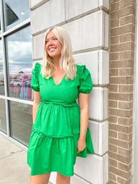 Green Poplin Tiered Puff Slv Dress