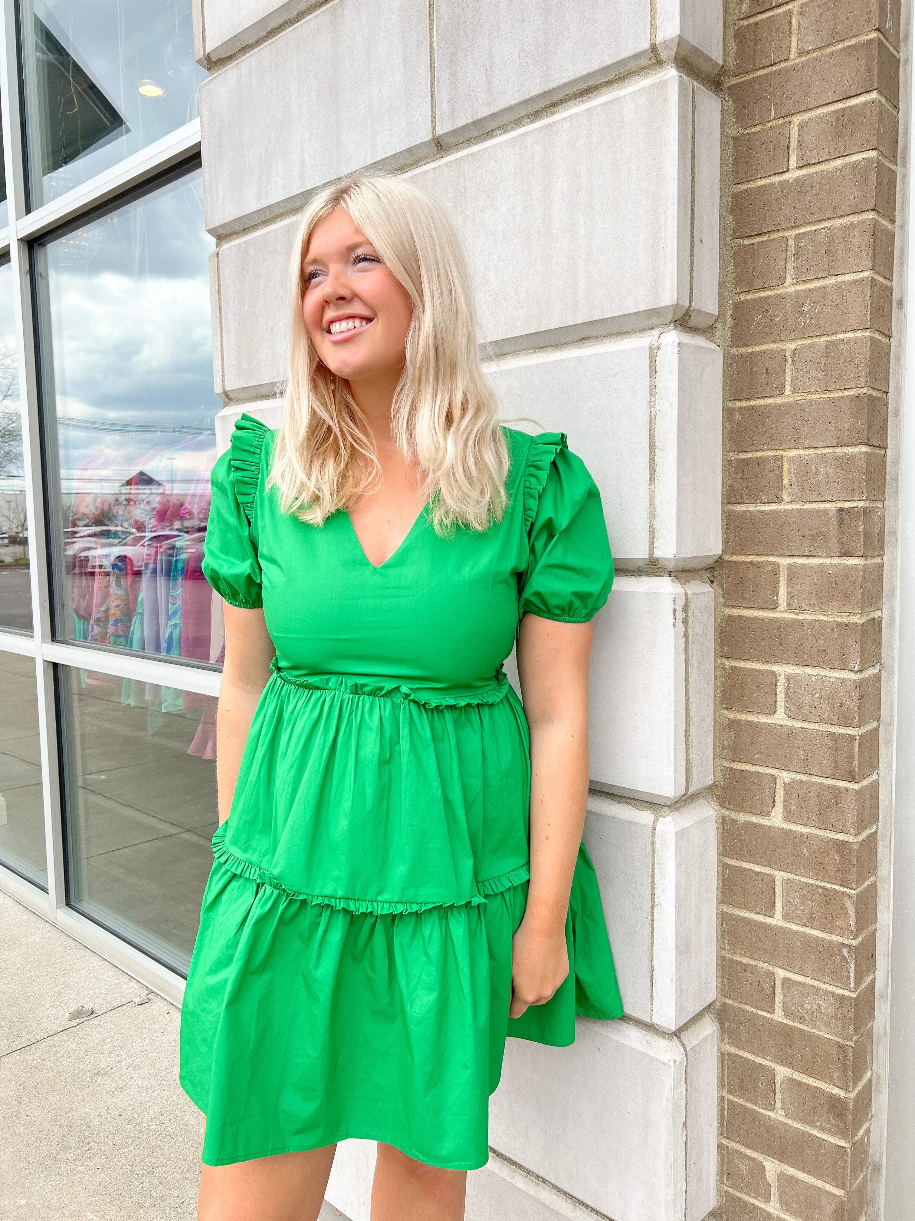 Green Poplin Tiered Puff Slv Dress