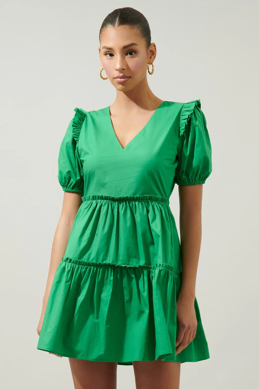 Green Poplin Tiered Puff Slv Dress