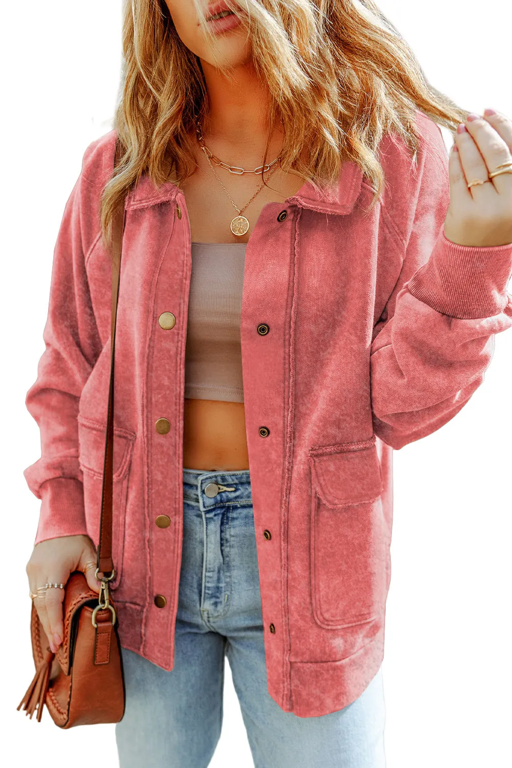 Grey Vintage Washed Flap Pocket Button Shacket