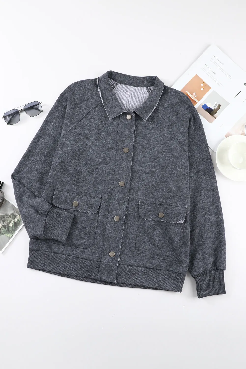 Grey Vintage Washed Flap Pocket Button Shacket