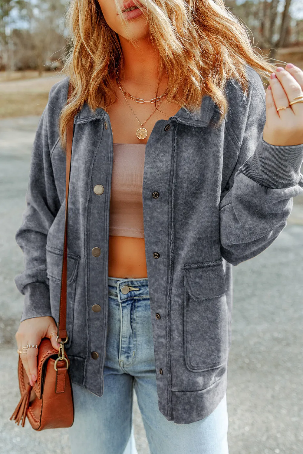 Grey Vintage Washed Flap Pocket Button Shacket