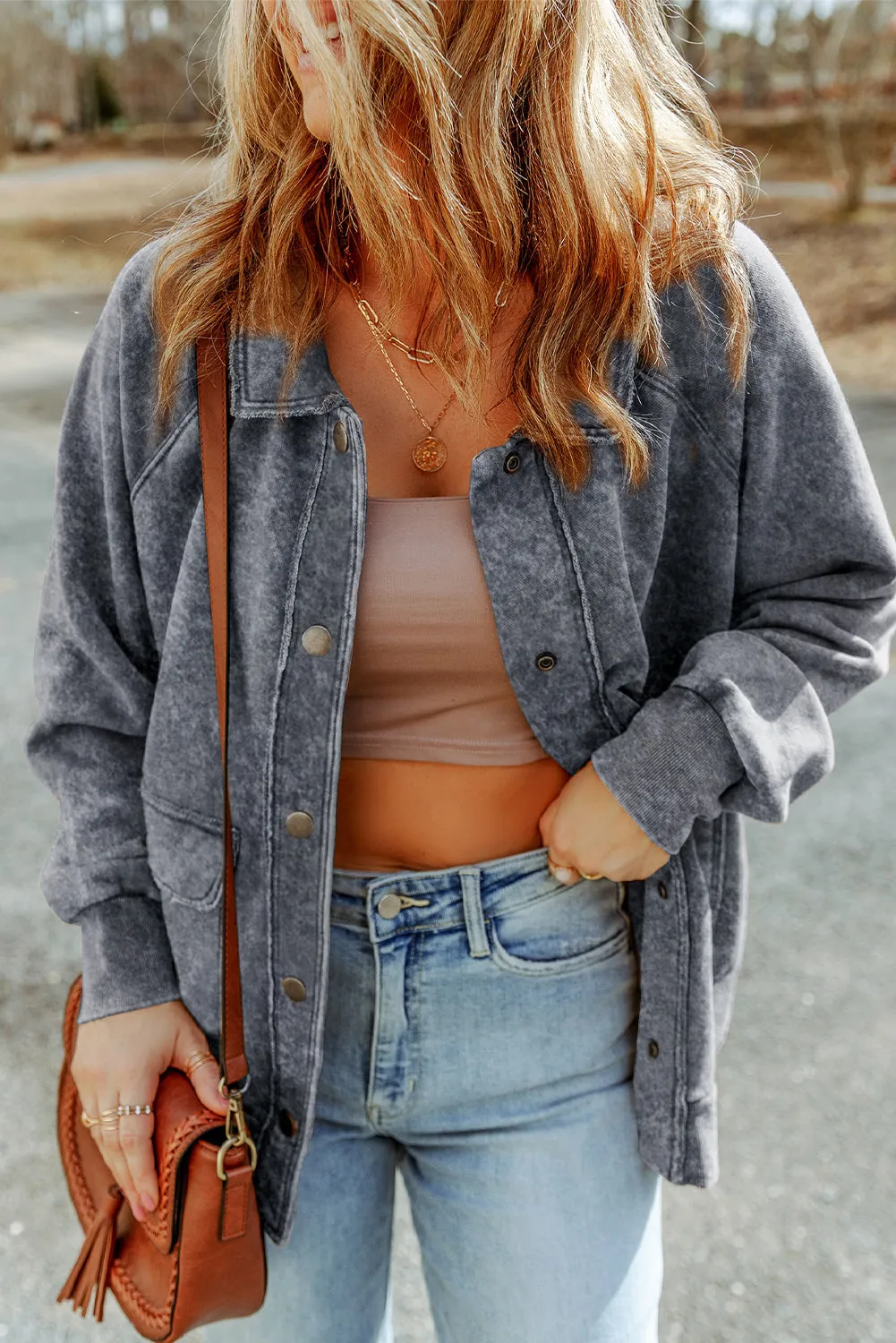 Grey Vintage Washed Flap Pocket Button Shacket