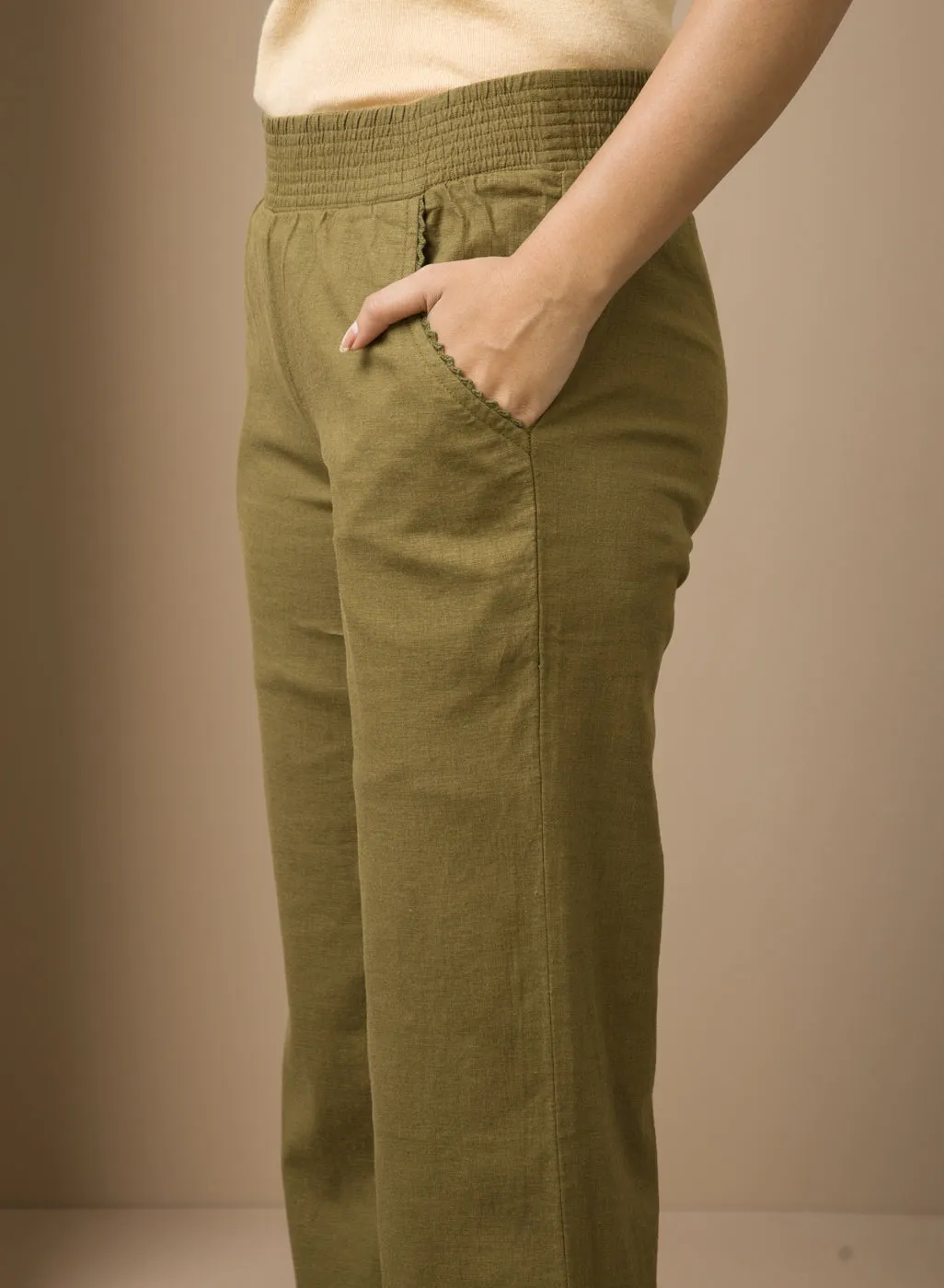 Haya Salmon Green Cotton Linen Classic Fit Pants for Women