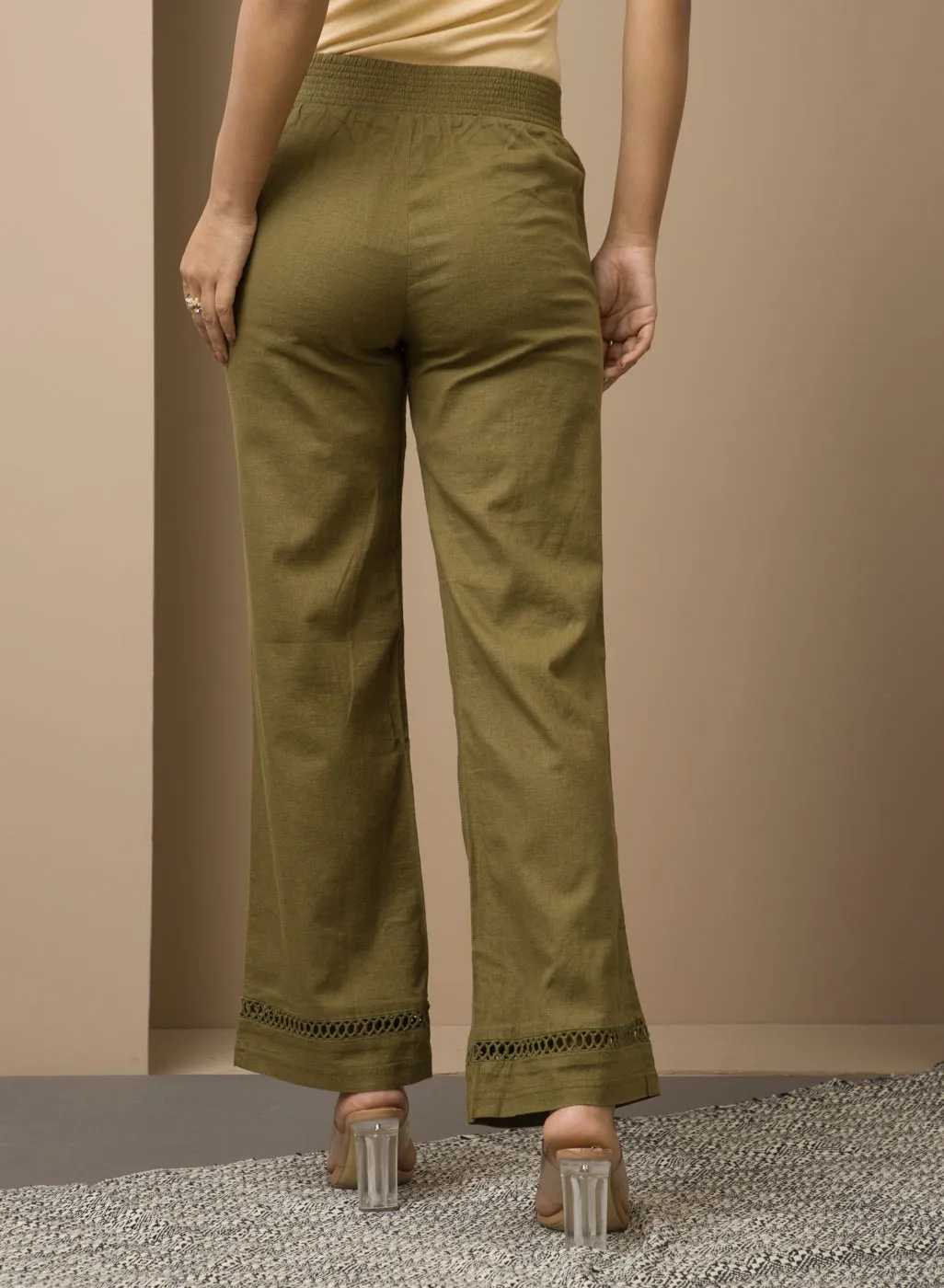 Haya Salmon Green Cotton Linen Classic Fit Pants for Women