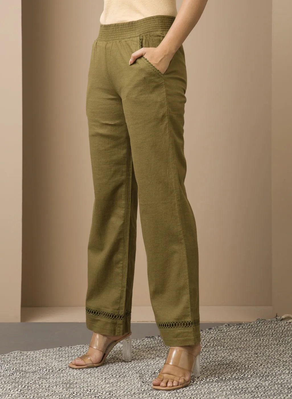 Haya Salmon Green Cotton Linen Classic Fit Pants for Women