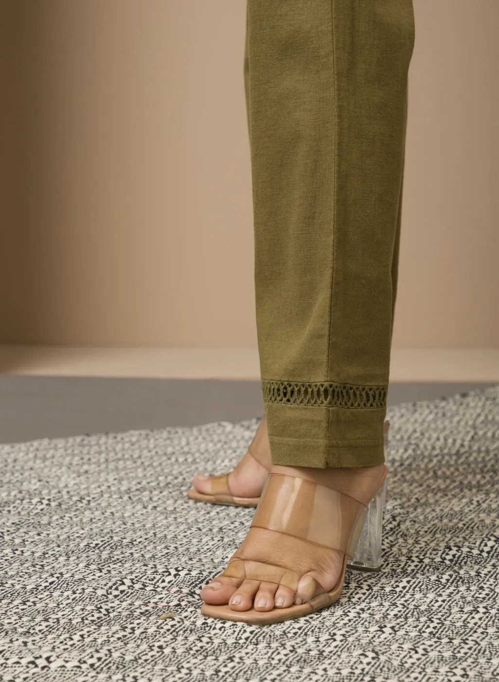 Haya Salmon Green Cotton Linen Classic Fit Pants for Women