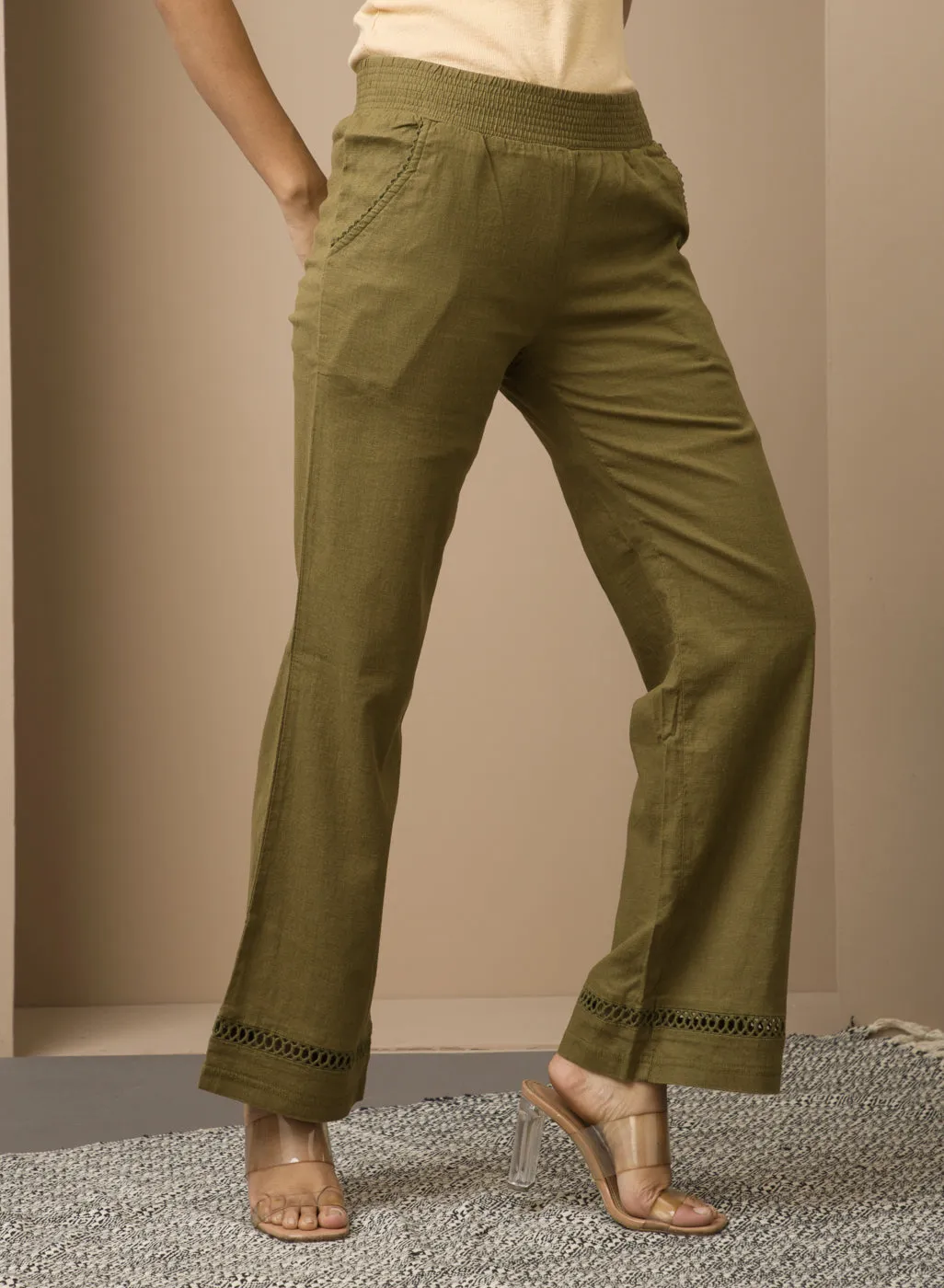 Haya Salmon Green Cotton Linen Classic Fit Pants for Women