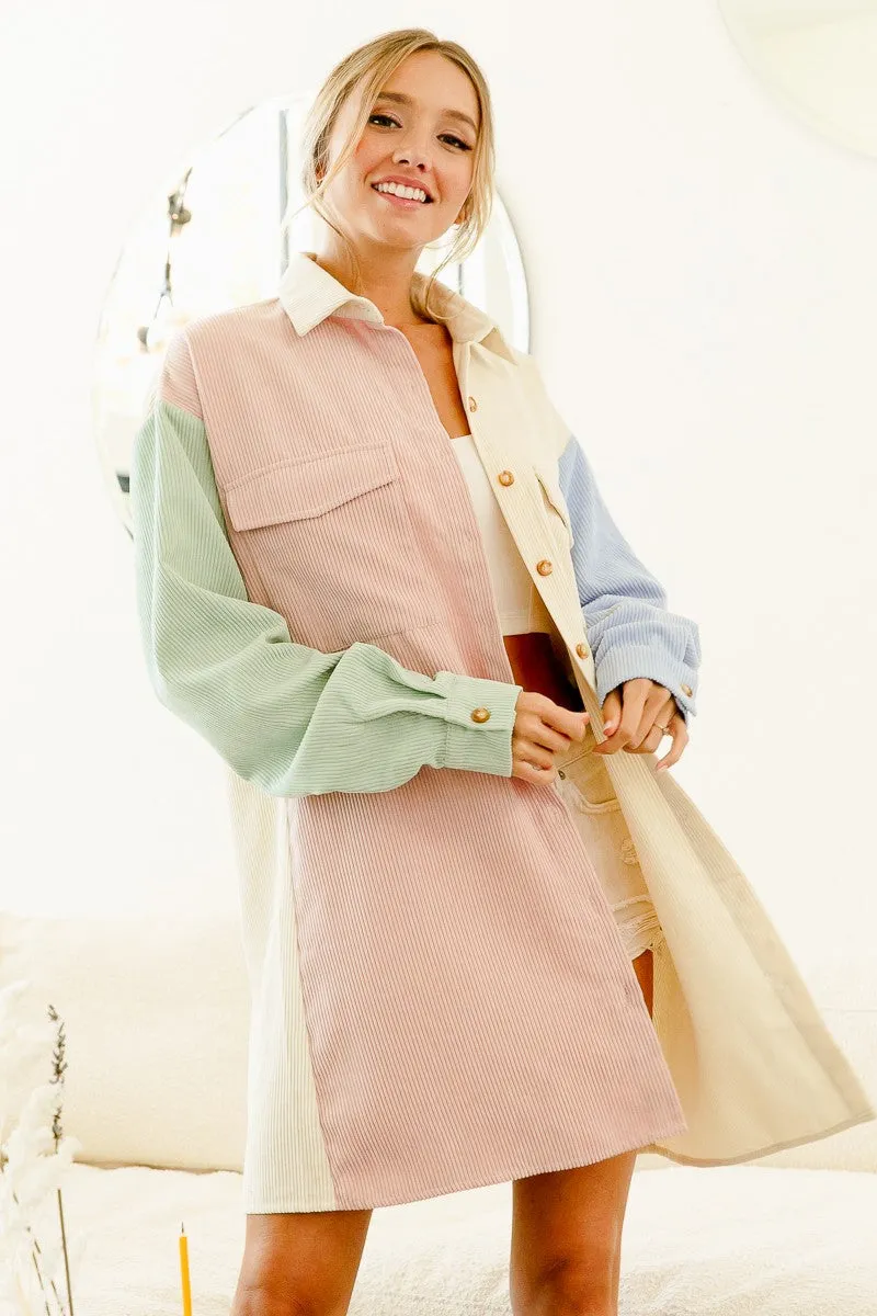 IP6038J-01 | COLOR BLOCK CORDUROY SHACKET WITH POCKETS