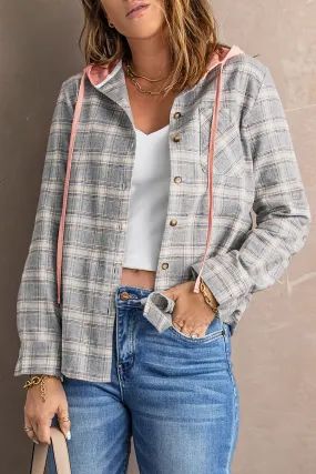 Khaki Drawstring Plaid Hooded Shacket