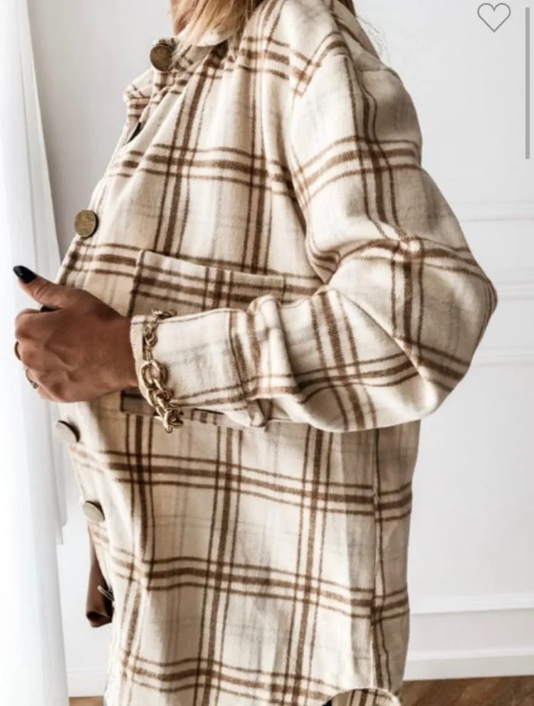 Khaki/White Grid Print Oversize Thick Flannel