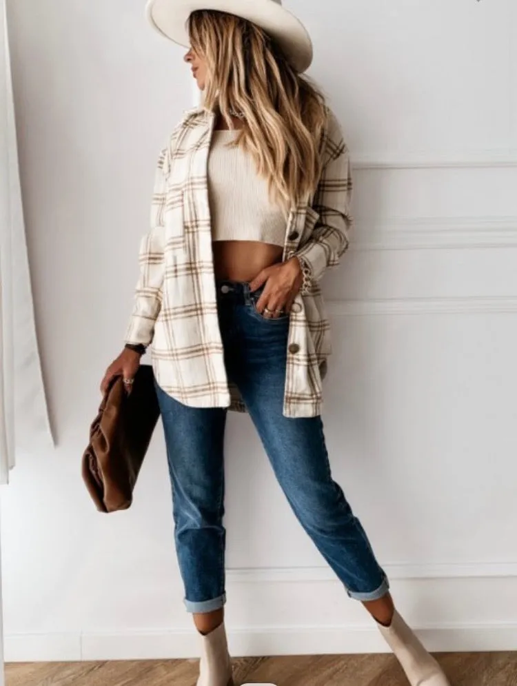 Khaki/White Grid Print Oversize Thick Flannel
