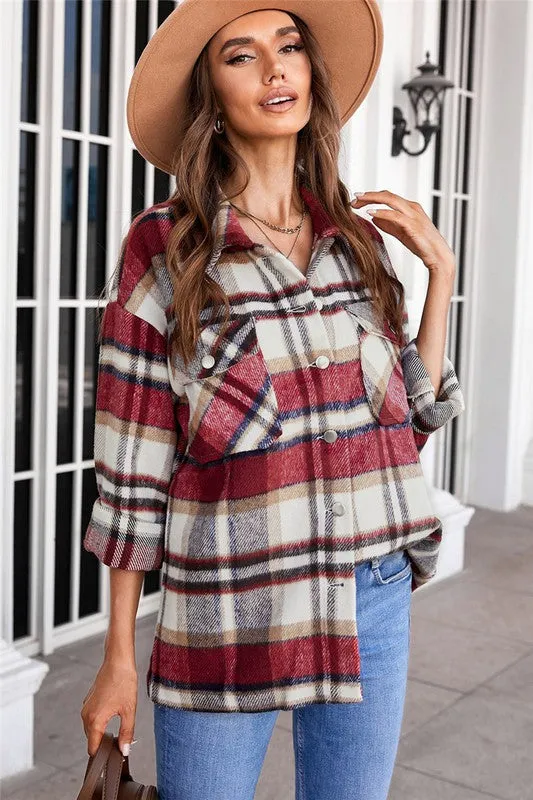 Khloe Plaid Button Down Shacket - Red