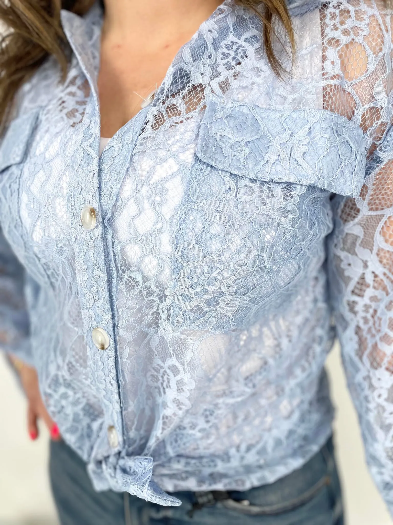 Lace Cascade Shacket Blouse in Light Blue