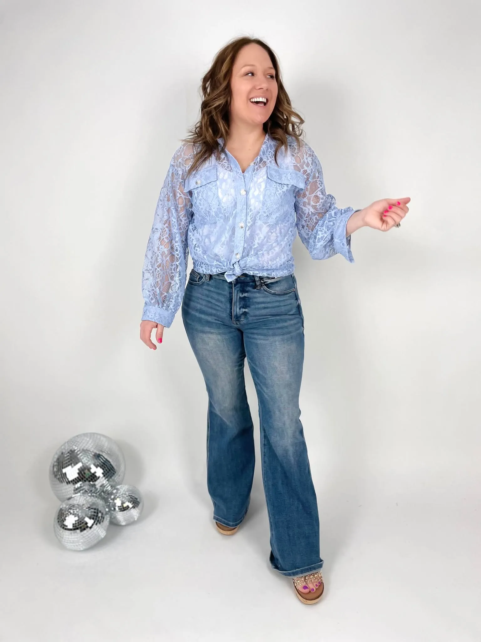Lace Cascade Shacket Blouse in Light Blue