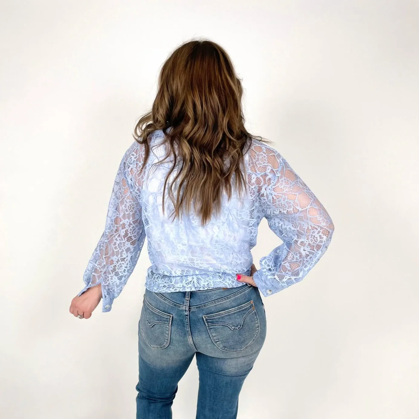 Lace Cascade Shacket Blouse in Light Blue