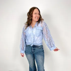 Lace Cascade Shacket Blouse in Light Blue